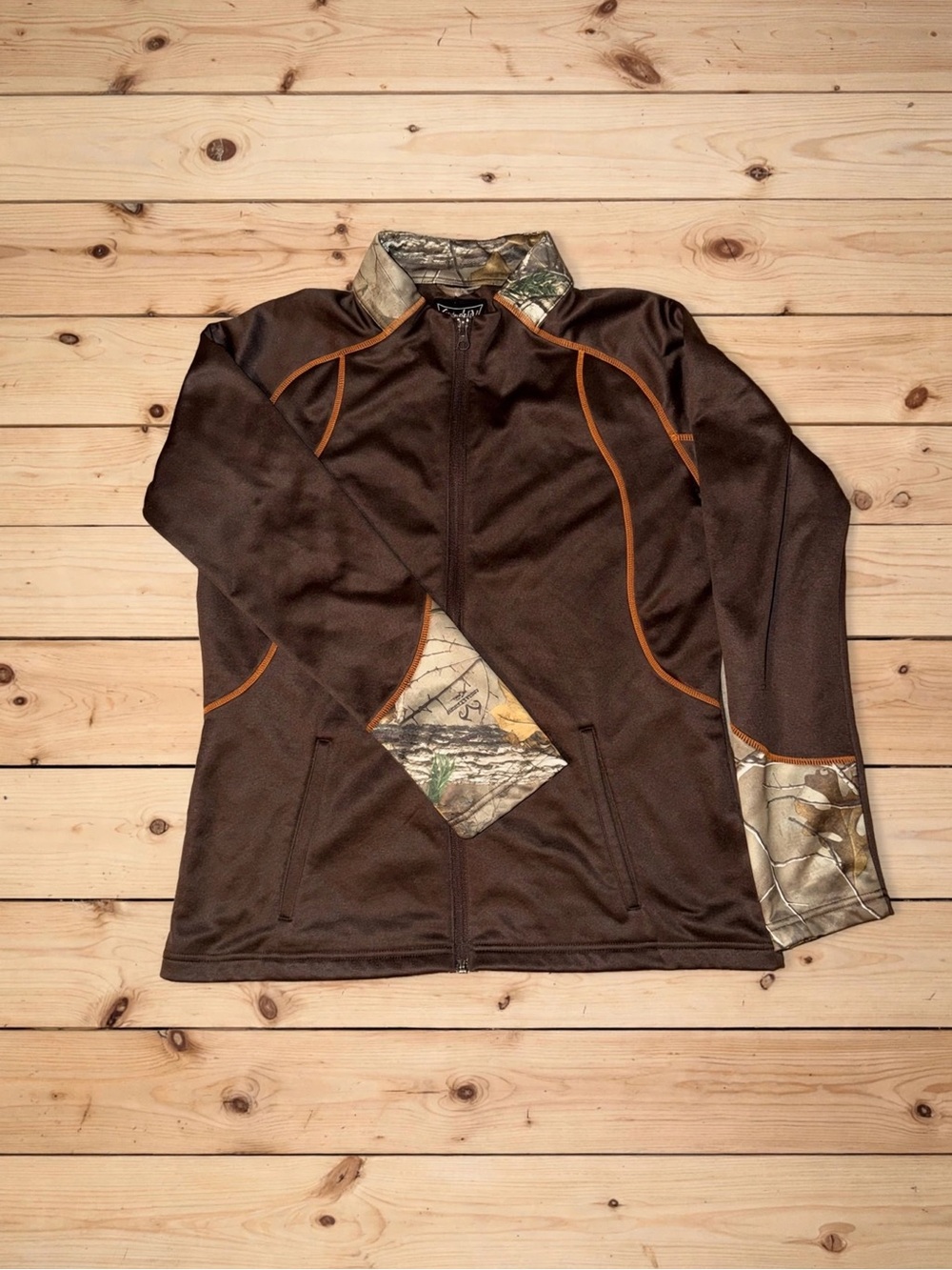 Women's Brown Long-Sleeve Zip Front Top with Camouflage Trim